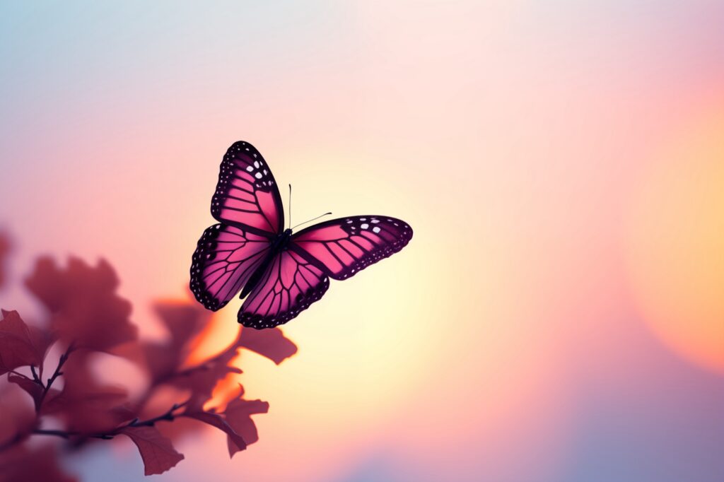 A pink butterfly against a soft pastel sunset. Dreamy and ethereal mood.